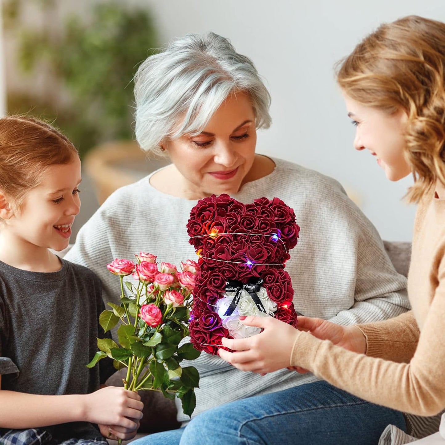 Gifts for Women,Mom Gifts for Mother'S Day,Valentine'S Day Gifts,Gifts for Her Birthday and Valentine'S Day.Handcrafted Angel Statue Imitation Flowers and Preserved Flowers(Wine Red)