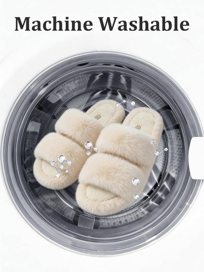 Women'S Fluffy Faux Fur Slippers Comfy Open Toe Two Band Slides with Fleece Lining and Rubber Sole