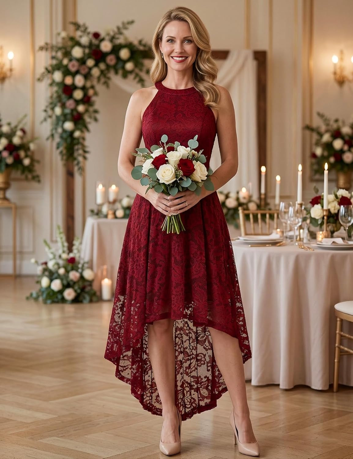 Women Halter Lace Wedding Guest Dress Hi-Lo Cocktail Party Bridesmaid Formal Dresses