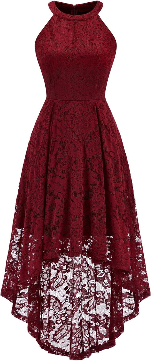 Women Halter Lace Wedding Guest Dress Hi-Lo Cocktail Party Bridesmaid Formal Dresses